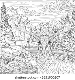 Veado perto de um rio de montanha.Landscape.Coloring livro antistress para crianças e adultos. Ilustração isolada no estilo background.Zen-tangle branco. Desenho da mão