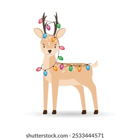 Deer with New Year's garland. Vector illustration of cute cartoon deer with antlers and colorful garland for decorating postcards, banners.