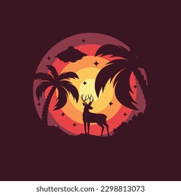 Deer in the night forest paper cutout vector art illustration