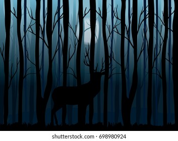 Deer in the night forest vector silhouette
animal silhouette, woods and full moon