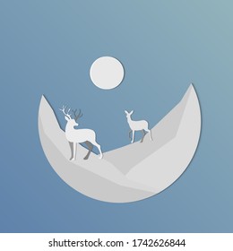  Deer at night illustration.Night Deer Moon Shadow Illustration.Vector illustration