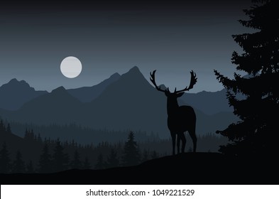 Deer in night landscape with forest and mountains under dark sky with clouds and moon - vector