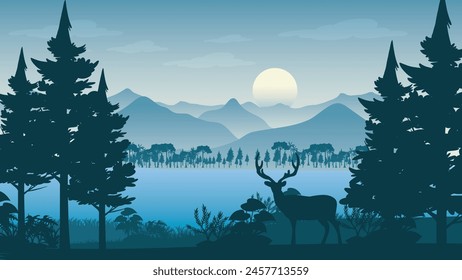 Deer in night landscape with forest and mountains under dark sky with clouds and moon - vector