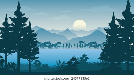Deer in night landscape with forest and mountains under dark sky with clouds and moon - vector