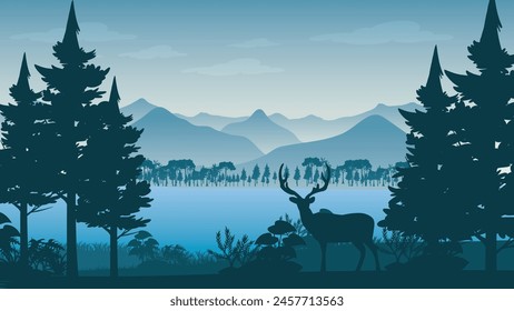 Deer in night landscape with forest and mountains under dark sky with clouds and moon - vector