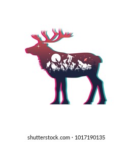 deer and night mountain landscape, double exposure, space view, glitch art, fantasy  style. Vector illustrations