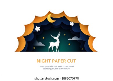 Deer in night sky paper cut style.Dark blue cloudy landscape with stars and crescent moon.Vector illustration.