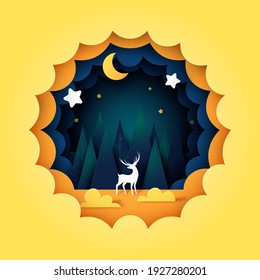 Deer in night sky paper cut style.Dark blue cloudy landscape with pine forest,stars and crescent moon.Vector illustration.