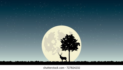 Deer in the night vector illustration. Full moon and alone tree in the meadow, nature landscape