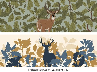 Deer in oak forest banners, wild stag silhouette and buck in woodland foliage vector set