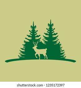 Deer on the background of the coniferous forest. 