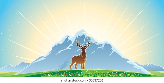 Deer on the background of mountain landscape
