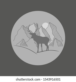 Deer on a background of mountains. Silhouette on a gray background. Hand-drawn vector illustration.