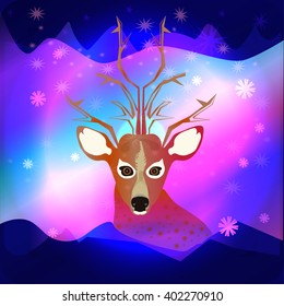 Deer on the background of the Northern Lights in cartoon style