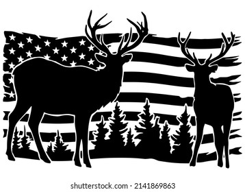 Deer on the background of the USA flag, hunting season. Vector clipart. svg