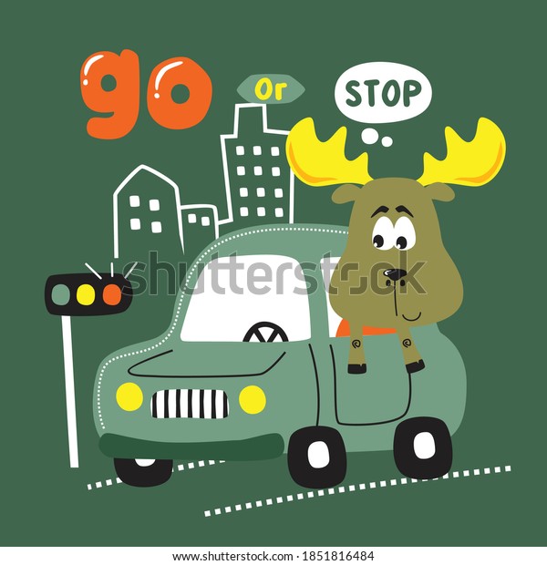 deer\
on the car funny animal cartoon,vector\
illustration
