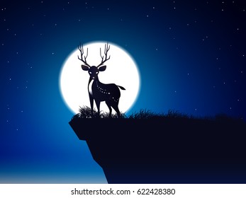 deer on cliff and moon and grass