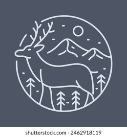 A Deer on the field the mountain mono line vector design