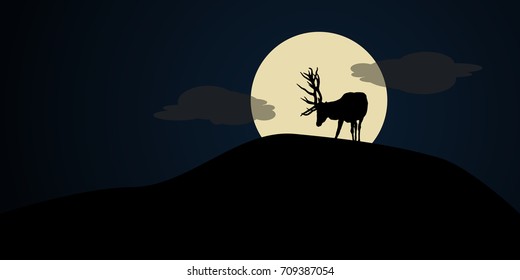 Deer on a hill with moon light, vector illustration