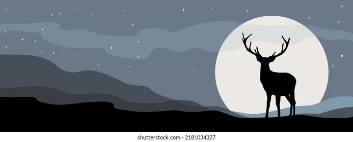 Deer On The Moon In Night Forest Vector Landscape, Digital Banner