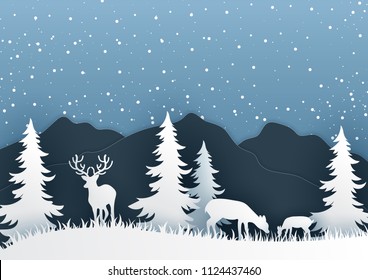 Deer on mountain. Nature landscape background paper art style illustration.