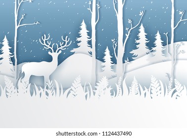 Deer on mountain. Nature landscape background paper art style illustration.