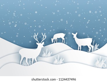 Deer on mountain. Nature landscape background paper art style illustration.