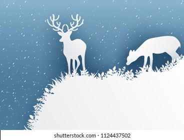 Deer on mountain. Nature landscape background paper art style illustration.