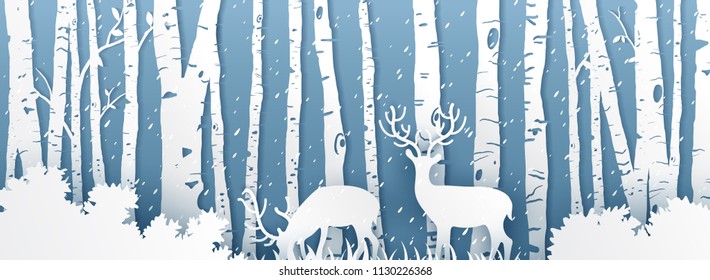 Deer on mountain in panorama,Nature landscape background,paper origami style vector illustration.