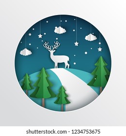 Deer on mountain,ilustration of winter season and Christmas,vector paper art style.