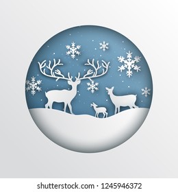 Deer on mountain,ilustration of winter season and Christmas,vector paper art style.