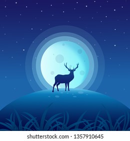 Deer on night with full moon. Vector illustration 