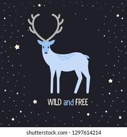 Deer on a night sky background with a quote text. Vector illustration.