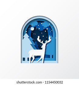 Deer on night of winter forest landscape for merry christmas and happy new year concept paper art style.Vector illustration.