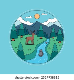 Deer on the river with mountain background badge