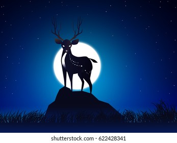 deer on rock and moon and grass