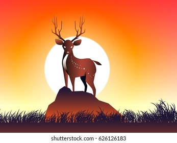 deer on rock and moon and grass at evening