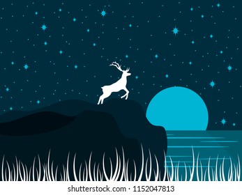 Deer on the shore of the lake. Night river landscape with a full moon. Night starry sky. Vector illustration