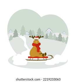 Deer on a sledge. Christmas landscape with Christmas trees. Cute seasonal vector illustration in flat cartoon style.