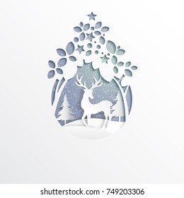 Deer on snow and winter season background.For merry christmas and happy new year paper art style.Vector illustration.