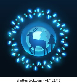 Deer on winter forest with garland in paper cut trendy craft style. Christmas, new year modern design for advertising, branding background greeting card, cover, poster, banner. Vector illustration.