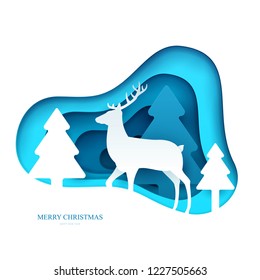 Deer on winter forest in paper cut trendy craft cartoon style. Christmas, new year modern design for advertising, branding background greeting card, cover, poster, banner. Vector illustration.