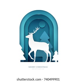 Deer on winter forest in paper cut trendy craft cartoon style. Christmas, new year modern design for advertising, branding background greeting card, cover, poster, banner. Vector illustration.