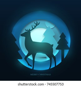 Deer on winter forest in paper cut trendy craft cartoon style. Christmas, new year modern design for advertising, branding background greeting card, cover, poster, banner. Vector illustration.