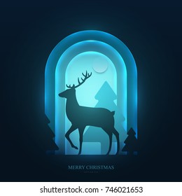Deer on winter forest in paper cut trendy craft cartoon style. Christmas, new year modern design for advertising, branding background greeting card, cover, poster, banner. Vector illustration.