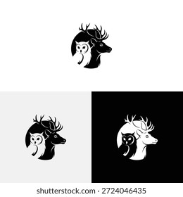 Ciervo con ilustración de icono de Vector de logotipo de búho