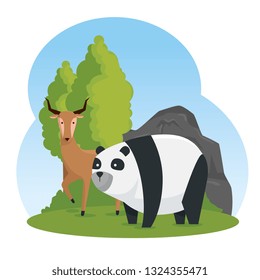 deer and panda wild animals with trees