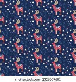 Deer pattern. Floral ornament. Ethnic folk style. Ornamental plants from leaves and berries. Vector. For fabric, clothes, home decor, covers and brochures.