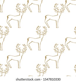 Deer pattern. Seamless Christmas pattern, gold on white background. - Vector