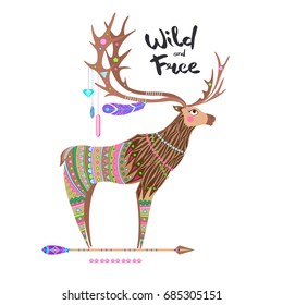 Deer with patterned horns on a white background, inscription boho style
